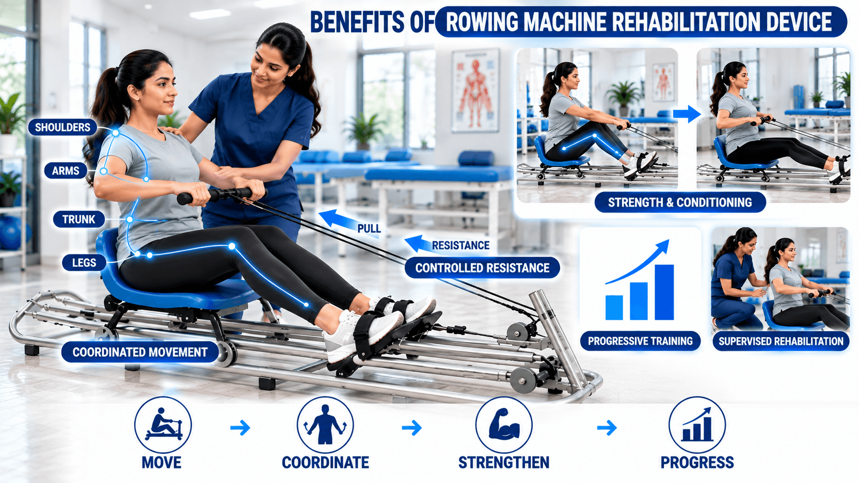Rowing Machine Rehabilitation Device Physiotherapy Rowing Machine Rehabilitation Device demonstrating full-body rehabilitation exercises with controlled resistance, coordinated rowing movement, strength and conditioning training, progressive rehabilitation, supervised physiotherapy guidance, and upper body, trunk, and leg strengthening for functional recovery.