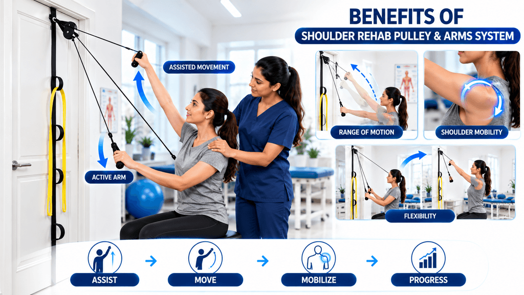 PHYSIOMODALITIES™ Shoulder Rehab Pulley & Arms System with a physiotherapist assisting a patient during shoulder rehabilitation exercises using a door pulley therapy kit to improve range of motion, shoulder mobility, flexibility, and assisted upper-arm movement.