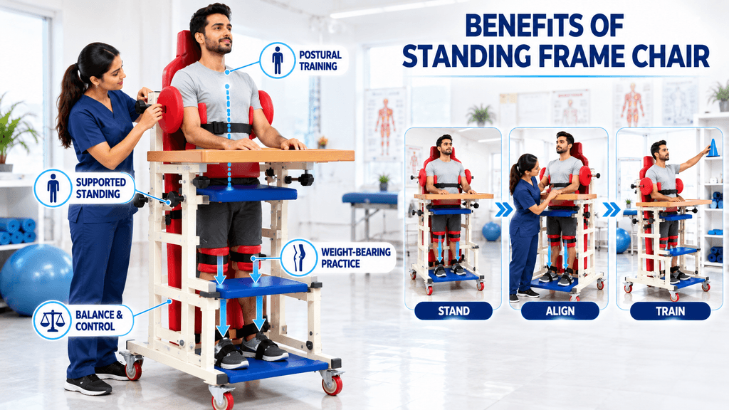 Standing Frame Chair Adult rehabilitation patient using a PHYSIOMODALITIES™ Standing Frame Chair with a physiotherapist providing postural alignment, supported standing, weight-bearing practice, balance training, and controlled rehabilitation in a physiotherapy clinic.