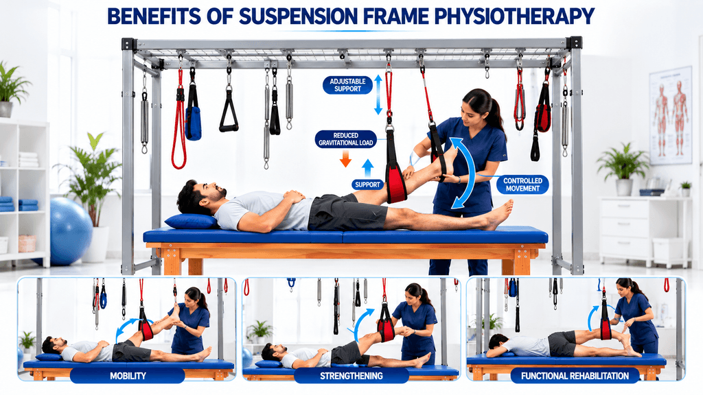 Medical infographic showing the benefits of a suspension therapy frame for physiotherapy rehabilitation, featuring therapist-assisted lower-limb suspension therapy, adjustable support straps, reduced gravitational load, controlled movement, mobility exercises, strengthening therapy, and functional rehabilitation using a suspension therapy unit.