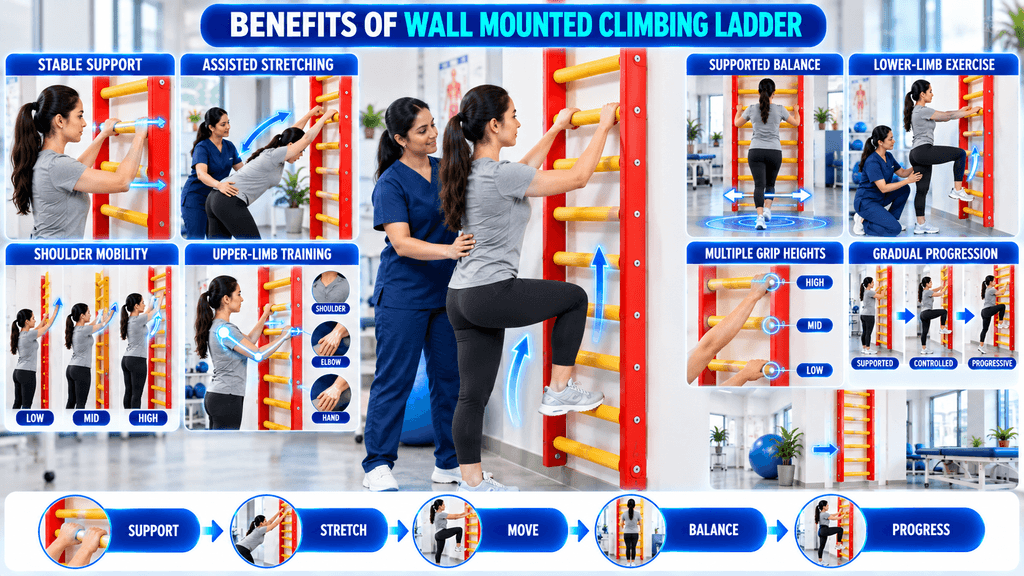 Wall Mounted Climbing Ladder Wall-mounted climbing ladder used in a physiotherapy clinic for supported balance, assisted stretching, shoulder mobility, upper-limb training, lower-limb exercises, and progressive rehabilitation exercises.