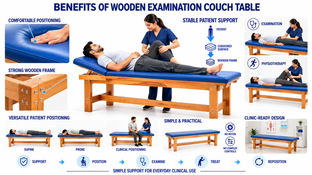Medical infographic showing the benefits of a wooden examination couch table for physiotherapy clinics, featuring comfortable cushioned positioning, strong wooden frame, stable patient support, versatile supine and prone positioning, clinical examination, physiotherapy treatment, and everyday clinic use.