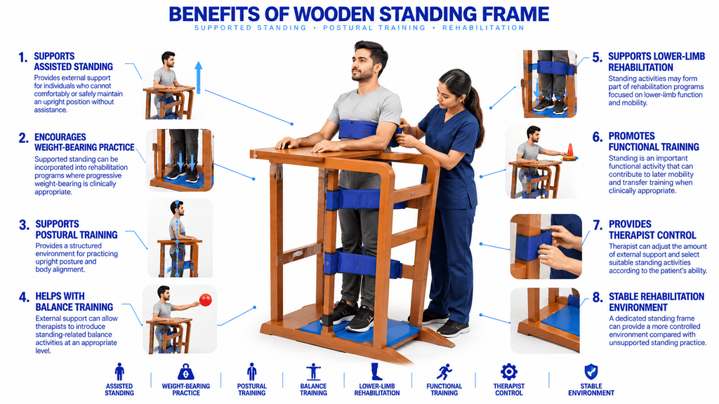 Medical infographic showing the benefits of a wooden standing frame for physiotherapy rehabilitation, including assisted standing, weight-bearing practice, postural training, balance training, lower-limb rehabilitation, functional training, therapist-controlled support, and a stable rehabilitation environment.
