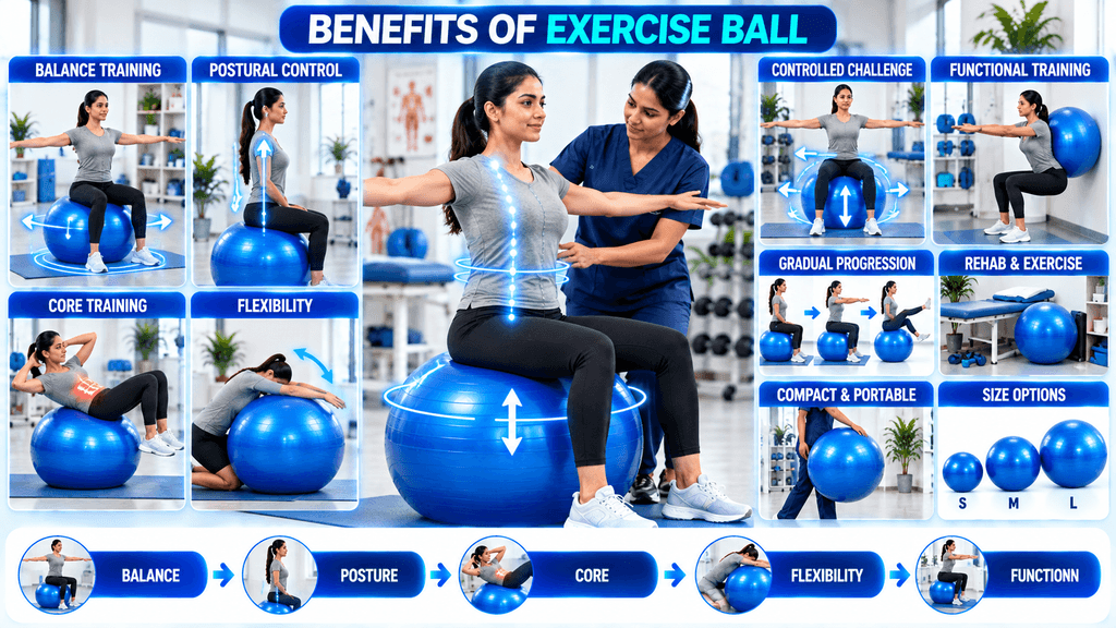 Exercise Ball Physiotherapy exercise ball demonstrating balance training, postural control, core training, flexibility, controlled balance challenges, functional training, gradual progression, rehabilitation exercises, portability, and different size options.