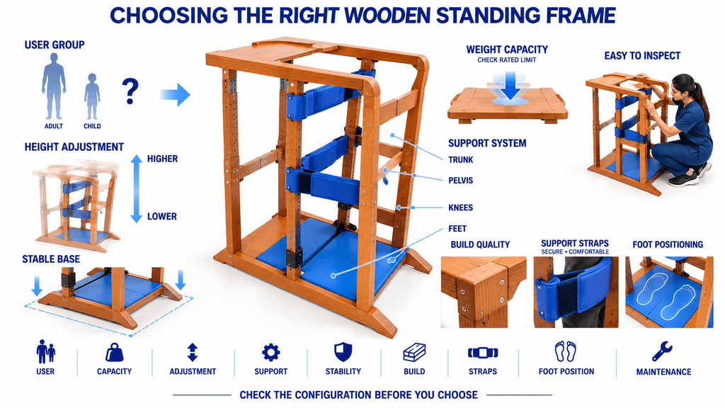 Buying guide infographic for choosing the right wooden standing frame for physiotherapy rehabilitation, highlighting adjustable height, stable base, trunk, pelvic, knee and foot support system, secure support straps, weight capacity, build quality, easy inspection, and proper foot positioning.