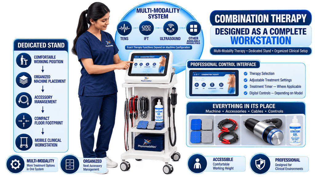 Combination therapy physiotherapy machine with dedicated mobile stand, digital control interface, TENS, IFT, ultrasound modalities and organized treatment accessories.