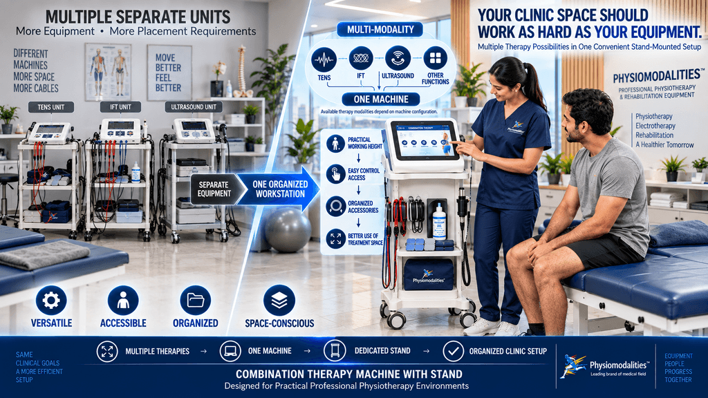 Combination therapy machine with stand comparing separate TENS, IFT and ultrasound units with one organized multi-modality physiotherapy workstation.