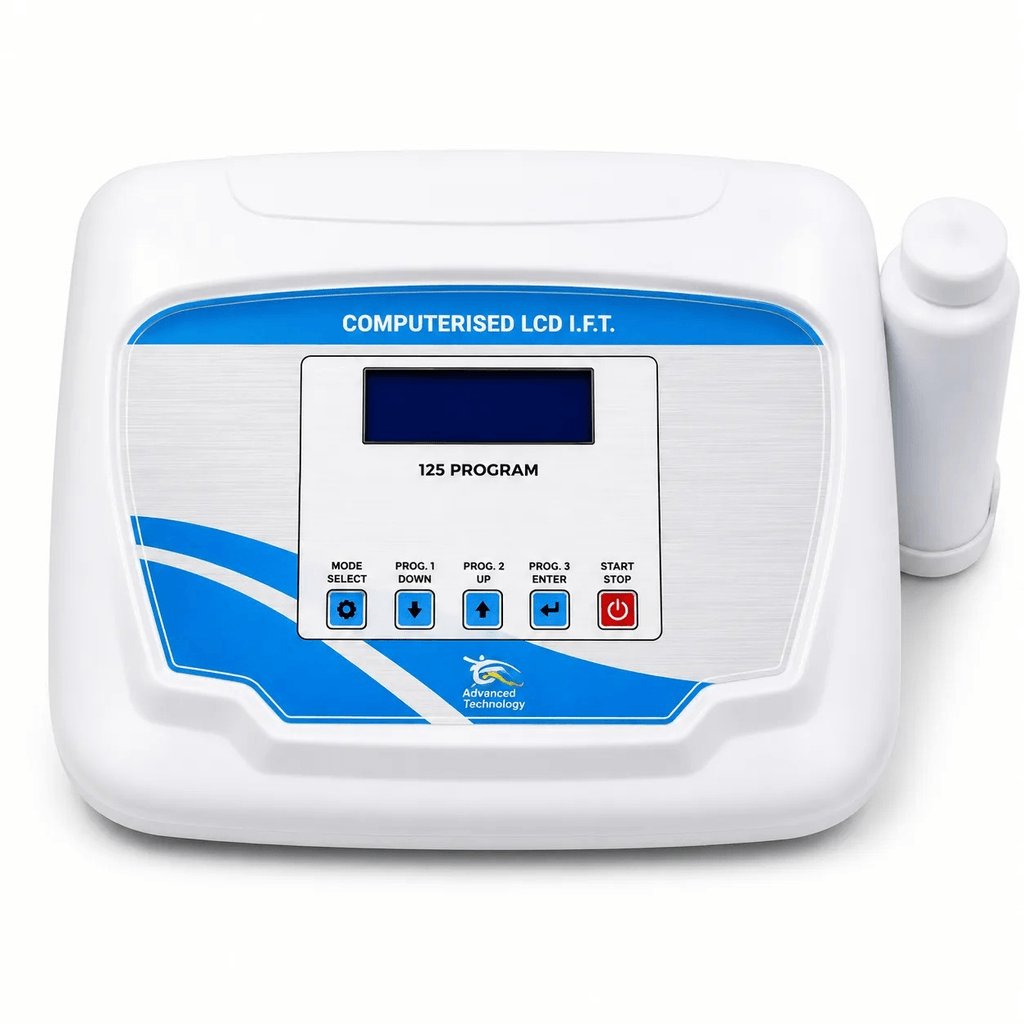 Computerised LCD I.F.T. Machine Computerised LCD I.F.T. physiotherapy machine with a white body and blue control panel, featuring a digital LCD display, 125 built-in programs, five control buttons, and an ultrasound probe attached on the right side. Front-facing product image on a clean white background.