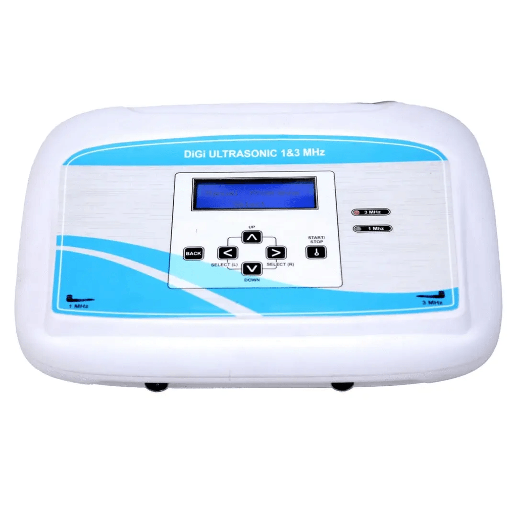 DIGI Ultrasonic 1 & 3 MHz Physiotherapy Machine The DIGI Ultrasonic 1 & 3 MHz Physiotherapy Machine is a professional therapeutic ultrasound device designed for physiotherapy clinics, rehabilitation centres, hospitals, sports therapy centres, and other healthcare facilities. It provides 1 MHz and 3 MHz ultrasonic frequencies, allowing trained professionals to select the appropriate frequency according to the treatment area and required treatment depth. The machine is designed with digital controls for convenient operation and can be incorporated into professional physiotherapy and rehabilitation programs where therapeutic ultrasound is indicated. PHYSIOMODALITIES™ offers a range of physiotherapy and rehabilitation equipment designed for practical clinical applications, including therapeutic ultrasound, TENS, IFT, muscle stimulation, and combination therapy systems. What Is DIGI Ultrasonic 1 & 3 MHz Physiotherapy Machine? The DIGI Ultrasonic 1 & 3 MHz Physiotherapy Machine is a dual-frequency therapeutic ultrasound unit that delivers ultrasonic energy through a dedicated therapy applicator. The two frequency options provide flexibility in treatment: 1 MHz is generally associated with relatively deeper tissue treatment. 3 MHz is generally associated with more superficial tissue treatment. The appropriate frequency, intensity, treatment time, and technique should always be selected by a qualified physiotherapist according to the patient's condition. How Does Ultrasonic Therapy Work? Therapeutic ultrasound uses high-frequency acoustic energy delivered through an applicator. A suitable coupling gel is applied between the applicator and skin to facilitate effective energy transfer. A typical treatment session involves: Assessing the patient and selecting the treatment area. Preparing the skin. Applying suitable ultrasonic coupling gel. Selecting 1 MHz or 3 MHz frequency. Setting the required treatment parameters. Applying the ultrasonic applicator to the treatment area. Moving the applicator using the recommended technique. Monitoring the patient during treatment. Completing the session and cleaning the applicator. Key Features Dual Frequency Operation The machine offers 1 MHz and 3 MHz frequency options, providing greater flexibility for different treatment depths. Digital Controls The digital interface allows the operator to monitor and adjust the available treatment parameters conveniently. 1 MHz & 3 MHz Selection The therapist can select the appropriate frequency according to the treatment protocol and intended treatment depth. Adjustable Intensity The available ultrasonic intensity can be adjusted according to the selected treatment protocol and patient requirements. Continuous & Pulsed Modes Depending on the exact model configuration, ultrasonic therapy may be delivered in continuous or pulsed modes. Digital Timer A treatment timer helps control the duration of each therapy session and supports consistent treatment procedures. Professional Applicator The ultrasonic applicator is designed to deliver the selected therapeutic output to the treatment area when used with appropriate coupling gel. Applications The DIGI Ultrasonic 1 & 3 MHz Physiotherapy Machine may be incorporated into professional physiotherapy and rehabilitation programs for: Muscle stiffness Soft-tissue rehabilitation Sports injury rehabilitation Joint-related rehabilitation Tendon and ligament rehabilitation Muscle strains Selected post-injury rehabilitation programs Superficial tissue treatment Deeper tissue treatment protocols General therapeutic ultrasound applications Treatment suitability should be determined through appropriate professional assessment. Benefits Dual-Frequency Flexibility The availability of 1 MHz and 3 MHz frequencies gives physiotherapists greater flexibility when selecting treatment settings. Convenient Digital Operation Digital controls make it easier for trained operators to select and monitor available therapy parameters. Professional Physiotherapy Use The machine can be incorporated into clinics, rehabilitation centres, hospitals, sports therapy facilities, and other professional treatment environments. Controlled Treatment Duration The timer helps maintain the planned duration of a treatment session. Versatile Therapy Setup The combination of two ultrasonic frequencies and adjustable treatment controls makes the unit suitable for different therapeutic ultrasound protocols. How to Use DIGI Ultrasonic 1 & 3 MHz Physiotherapy Machine Step 1: Inspect the Equipment Check the machine, applicator, cable, and controls before starting treatment. Step 2: Prepare the Patient Position the patient comfortably and expose the selected treatment area. Step 3: Apply Coupling Gel Apply an appropriate amount of ultrasonic coupling gel to the treatment area. Step 4: Select the Frequency Select 1 MHz or 3 MHz according to the prescribed treatment protocol. Step 5: Set the Parameters Adjust the available intensity, mode, and treatment time according to the treatment plan. Step 6: Start Treatment Place the applicator correctly over the gel-covered treatment area and begin the session. Step 7: Move the Applicator Move the applicator using the appropriate technique recommended by the manufacturer and qualified physiotherapist. Step 8: Monitor the Patient Monitor patient comfort throughout the session and stop or modify treatment if unexpected discomfort occurs. Step 9: Finish the Session Stop the output, remove the applicator, clean away the coupling gel, and clean the applicator according to the manufacturer's instructions. Safety Precautions Operate the equipment only according to the manufacturer's instructions. The machine should be used by appropriately trained professionals. Always use suitable ultrasonic coupling gel. Do not use the applicator over damaged skin unless specifically directed by a healthcare professional. Follow all contraindications and precautions applicable to therapeutic ultrasound. Avoid treatment over areas where therapeutic ultrasound is unsuitable. Inspect the applicator and cable before every treatment. Do not operate the equipment with wet hands. Keep the main unit away from water and excessive moisture. Stop treatment if unusual pain, excessive heat, or unexpected discomfort occurs. Things to Consider Before Buying Before purchasing the DIGI Ultrasonic 1 & 3 MHz Physiotherapy Machine, check: 1 MHz frequency availability 3 MHz frequency availability Continuous and pulsed modes Intensity range Digital display Timer range Applicator size Output power Pulse ratio Power supply Accessories included Warranty Manufacturer support Availability of replacement accessories Technical Specifications Specification Details Product Name DIGI Ultrasonic 1 & 3 MHz Physiotherapy Machine Therapy Type Therapeutic Ultrasonic Therapy Frequency 1 MHz & 3 MHz Control System Digital Display Digital Display Treatment Mode Continuous / Pulsed, model dependent Intensity Adjustable, model dependent Timer Digital / Adjustable Applicator Ultrasonic Therapy Applicator Application Physiotherapy & Rehabilitation Suitable For Clinics, Hospitals & Rehabilitation Centres Power Supply Model dependent Operation Professional Use Note: Exact output power, intensity range, pulse ratio, timer range, applicator area, dimensions, weight, voltage, and accessories should be confirmed from the DIGI model's manufacturer datasheet/manual before publishing them as fixed specifications. Who Should Operate This Machine? The machine should preferably be operated by a qualified physiotherapist or appropriately trained healthcare professional familiar with therapeutic ultrasound, patient assessment, treatment parameters, contraindications, and safe applicator handling. Why Choose PHYSIOMODALITIES™? PHYSIOMODALITIES™ provides a range of physiotherapy and rehabilitation equipment intended for professional healthcare environments. Its product range includes therapeutic ultrasound machines, TENS units, IFT machines, muscle stimulators, deep heat equipment, and combination physiotherapy systems. The focus is on practical equipment suitable for physiotherapy clinics, rehabilitation centres, hospitals, and professional treatment facilities. Why Choose This Machine? The DIGI Ultrasonic 1 & 3 MHz Physiotherapy Machine combines two commonly used therapeutic ultrasound frequencies in one unit. This allows trained physiotherapists to select between 1 MHz and 3 MHz according to the intended treatment depth and clinical protocol. Its digital controls, adjustable treatment settings, ultrasonic applicator, and timer functionality make it a practical addition to a professional physiotherapy setup. Conclusion The DIGI Ultrasonic 1 & 3 MHz Physiotherapy Machine is a dual-frequency therapeutic ultrasound solution designed for professional physiotherapy and rehabilitation applications. Its 1 MHz and 3 MHz frequency options, digital operation, adjustable controls, and therapy applicator provide flexibility for different treatment protocols. When used appropriately by trained professionals, the machine can be incorporated into physiotherapy programs where therapeutic ultrasound is indicated. Frequently Asked Questions 1. What is DIGI Ultrasonic 1 & 3 MHz Physiotherapy Machine? It is a dual-frequency therapeutic ultrasound machine providing 1 MHz and 3 MHz options for professional physiotherapy applications. 2. What is the difference between 1 MHz and 3 MHz? Generally, 1 MHz is associated with relatively deeper treatment, while 3 MHz is associated with more superficial treatment. 3. Is this machine suitable for physiotherapy clinics? Yes. It is designed for professional physiotherapy, rehabilitation, sports therapy, and healthcare environments. 4. Does it provide both 1 MHz and 3 MHz? Yes, the machine is designed around 1 MHz and 3 MHz ultrasonic frequency options. 5. Who should operate this machine? It should preferably be operated by a qualified physiotherapist or appropriately trained healthcare professional.