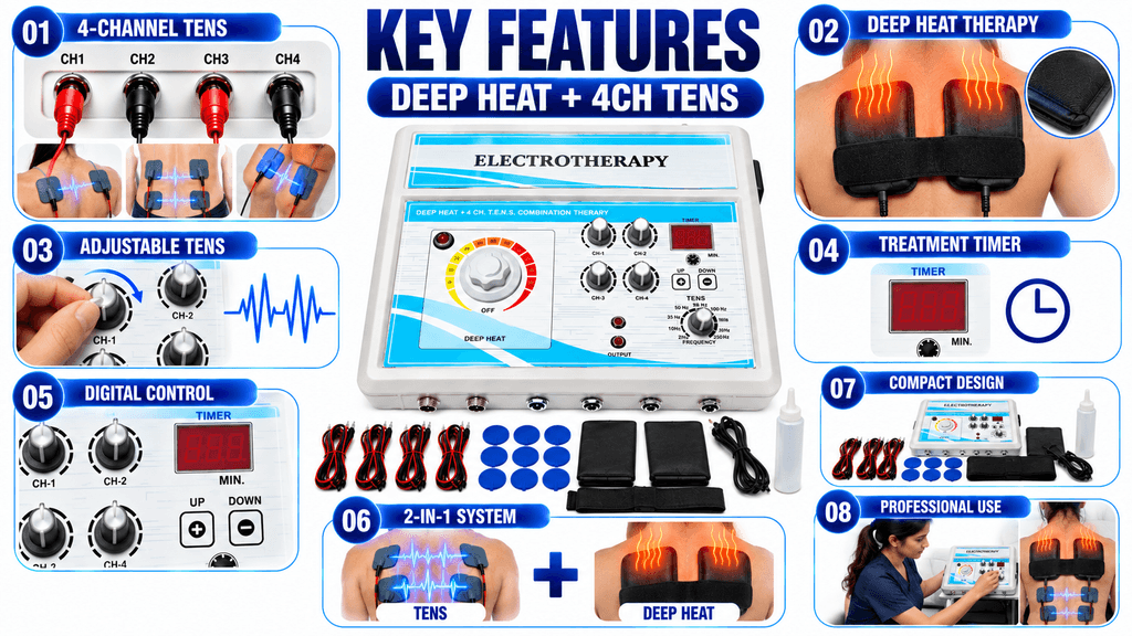 Deep Heat and 4 Channel TENS Combination Physiotherapy Machine with Digital Timer, Electrodes and Heat Pads