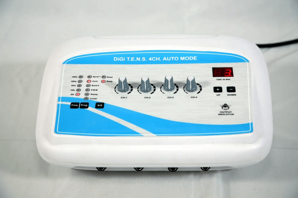 4 Channel Auto Mode TENS Machine Digital 4 Channel Auto Mode TENS Physiotherapy Machine with independent intensity controls, frequency and program selection, and treatment timer.