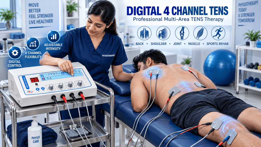Digital 4 Channel TENS Physiotherapy Machine Digital 4 Channel TENS physiotherapy machine used for multi-area electrotherapy with surface electrodes applied to the back and leg under professional supervision.