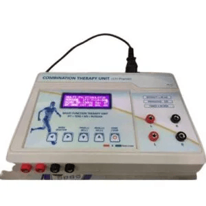 Digital combination therapy unit for professional physiotherapy with LCD display, adjustable treatment controls and multiple output connections.