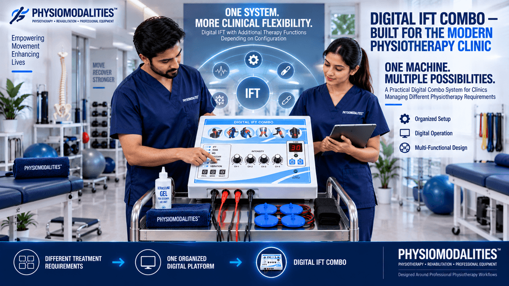 Digital IFT Combo physiotherapy machine for modern clinics, featuring multiple therapy functions, digital operation, adjustable intensity controls, treatment electrodes and an organized multi-functional setup.