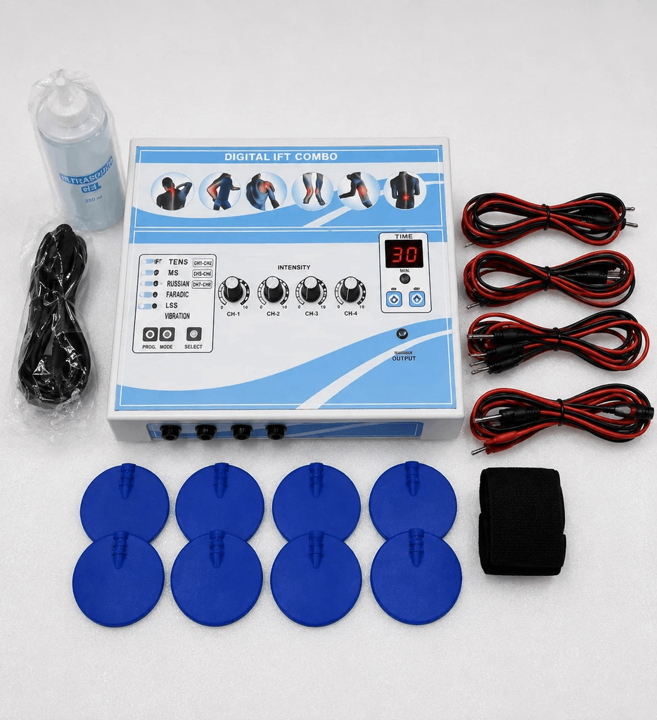 Digital IFT Combo physiotherapy machine with IFT, TENS, muscle stimulation, Russian current, Faradic, LSS and vibration modes, supplied with electrodes, lead wires, ultrasound gel and accessories