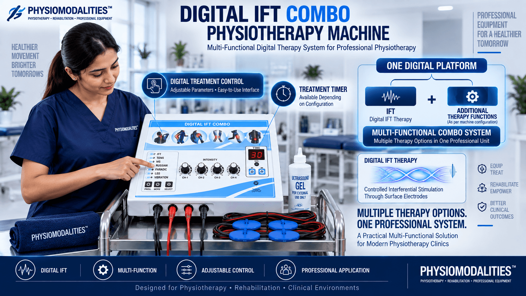 Digital IFT Combo physiotherapy machine demonstrating a multi-functional electrotherapy system for professional clinics, with multiple therapy modes, adjustable controls, electrodes and treatment accessories.