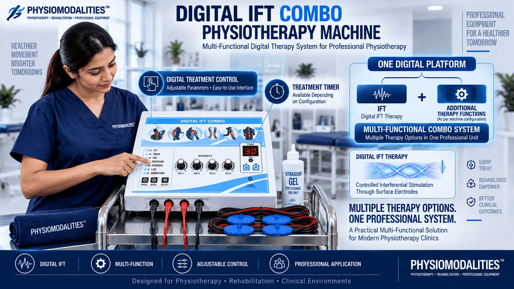 Female physiotherapist operating a Digital IFT Combo physiotherapy machine with a digital control panel, treatment timer, electrode cables, and ultrasound gel bottle in a modern rehabilitation clinic. The infographic highlights a multi-functional digital therapy platform that combines Digital IFT therapy with additional therapy functions for professional physiotherapy treatments.