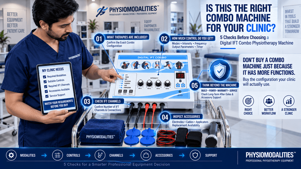Digital IFT Combo physiotherapy machine buying guide showing 5 important checks including therapy modalities, treatment controls, IFT channels, accessories, warranty and after-sales support.