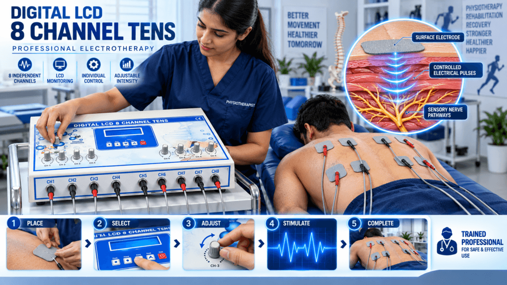 Digital LCD 8 Channel TENS physiotherapy machine Digital LCD 8 Channel TENS physiotherapy machine demonstrating 8 independent channels, surface electrode placement and controlled electrical stimulation by a trained physiotherapist.