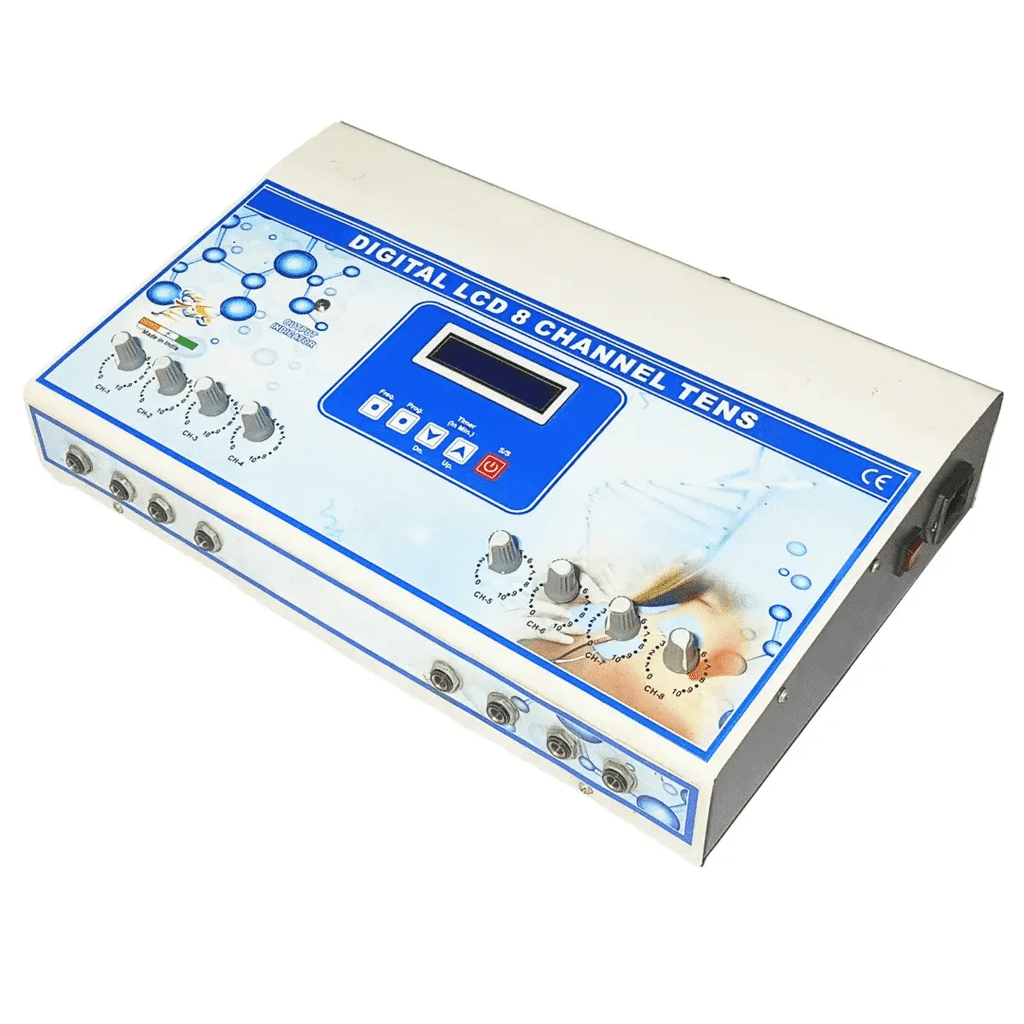 Digital LCD 8 Channel TENS physiotherapy machine Digital LCD 8 Channel TENS physiotherapy machine with independent intensity controls and digital display for professional electrotherapy.