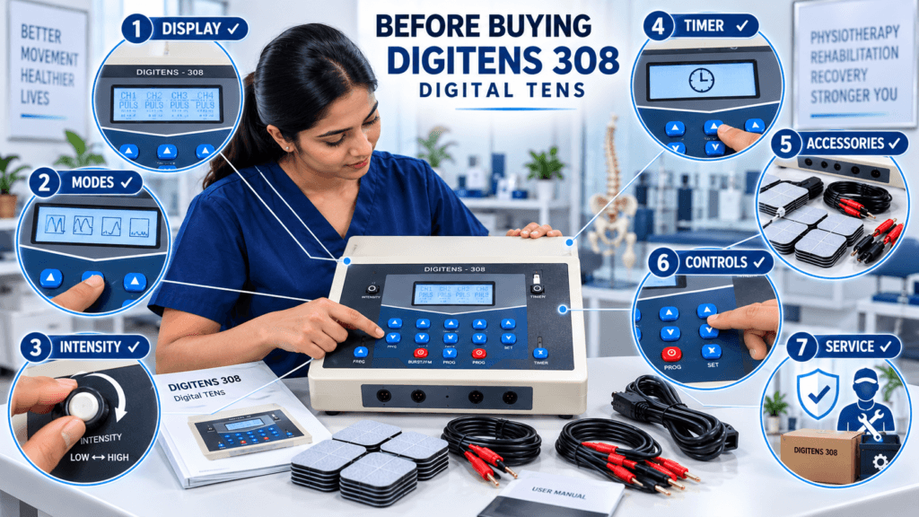 Digitens 308 Digital TENS Physiotherapy Machine Digitens 308 Digital TENS Machine buying guide showing display, treatment modes, intensity control, timer, accessories, controls and service support.
