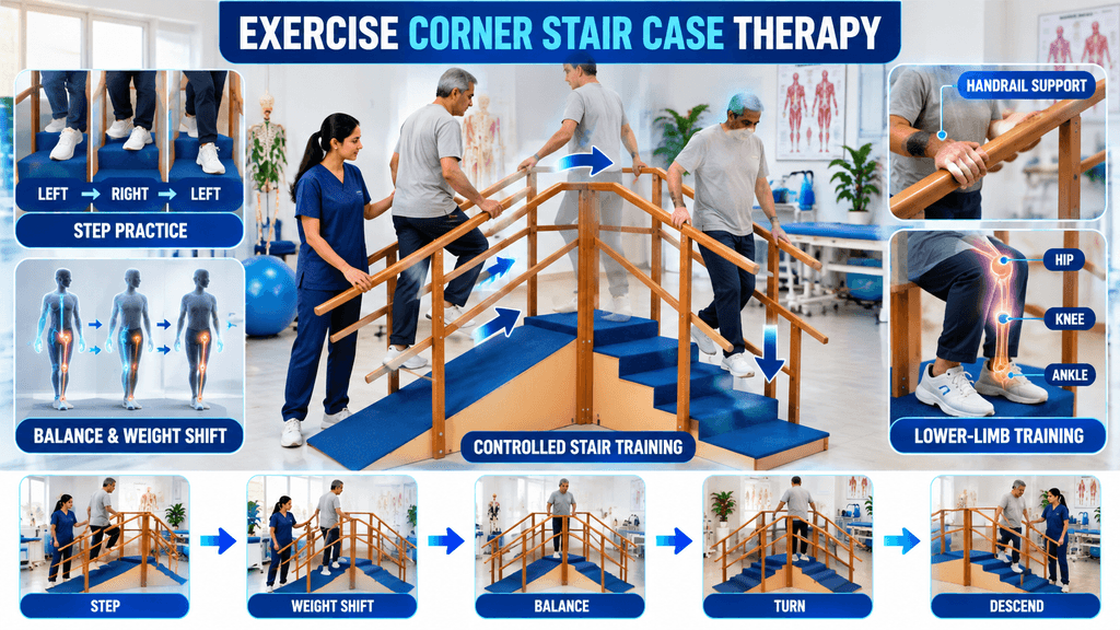 Exercise Corner Stair Case Therapy Exercise corner staircase therapy equipment with handrail support for controlled stair training, step practice, balance and weight shifting, turning, descending, and lower-limb rehabilitation.