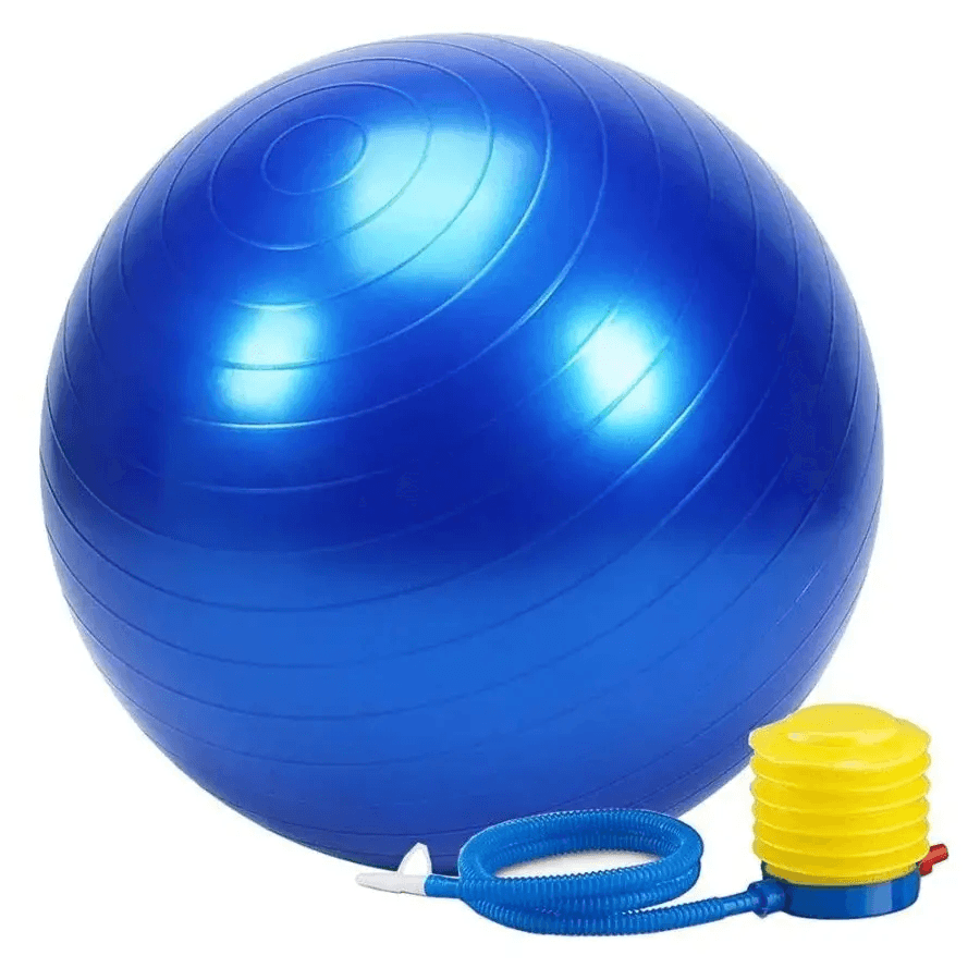 Exercise Ball Blue exercise stability ball with a textured surface and included hand pump for fitness, balance, core strengthening, and rehabilitation exercises.