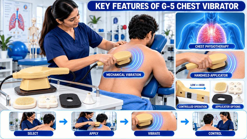 G-5 Chest Vibrator Massager Machine G-5 Chest Vibrator being used by a physiotherapist for chest physiotherapy, featuring a handheld mechanical vibration applicator, controlled operation, interchangeable applicator heads, and adjustable vibration intensity.