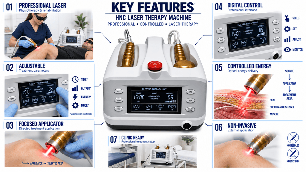 HNC Laser Therapy Machine HNC Laser Therapy Machine Key Features with Digital Control, Adjustable Energy and Focused Laser Applicator