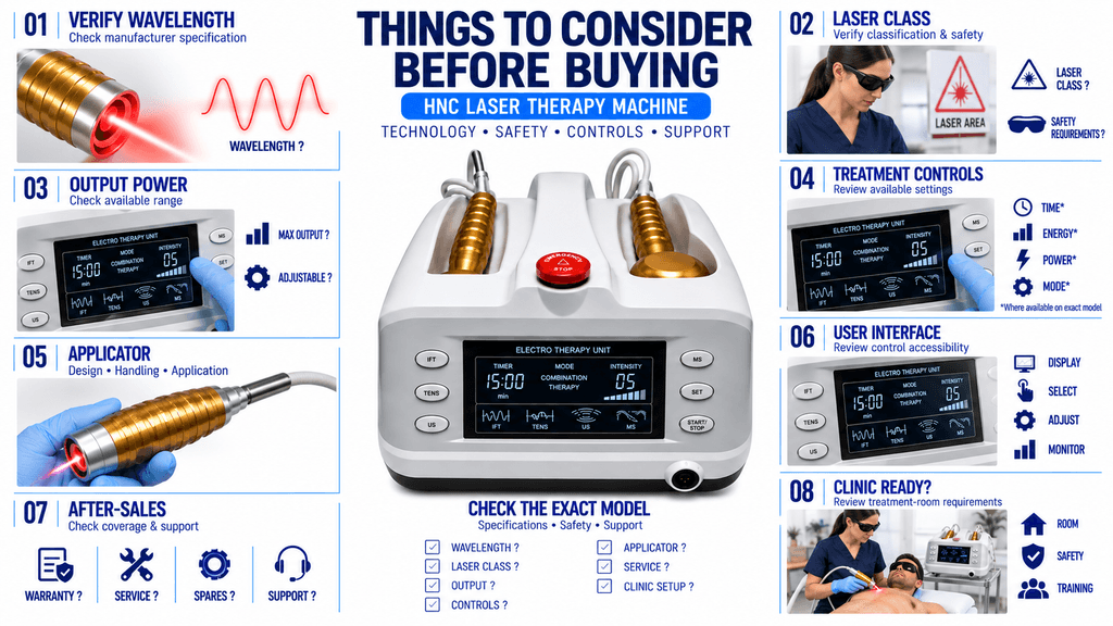 HNC Laser Therapy Machine HNC Laser Therapy Machine Buying Guide with Wavelength, Laser Class, Output Power, Applicator, Controls and Safety Checks