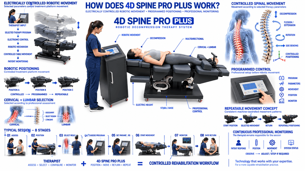 4D Spine Pro PLUS Decompression Therapy Machine 4D Spine Pro Plus Robotic Decompression Therapy Machine with programmed positioning, multidirectional spinal movement and cervical lumbar therapy