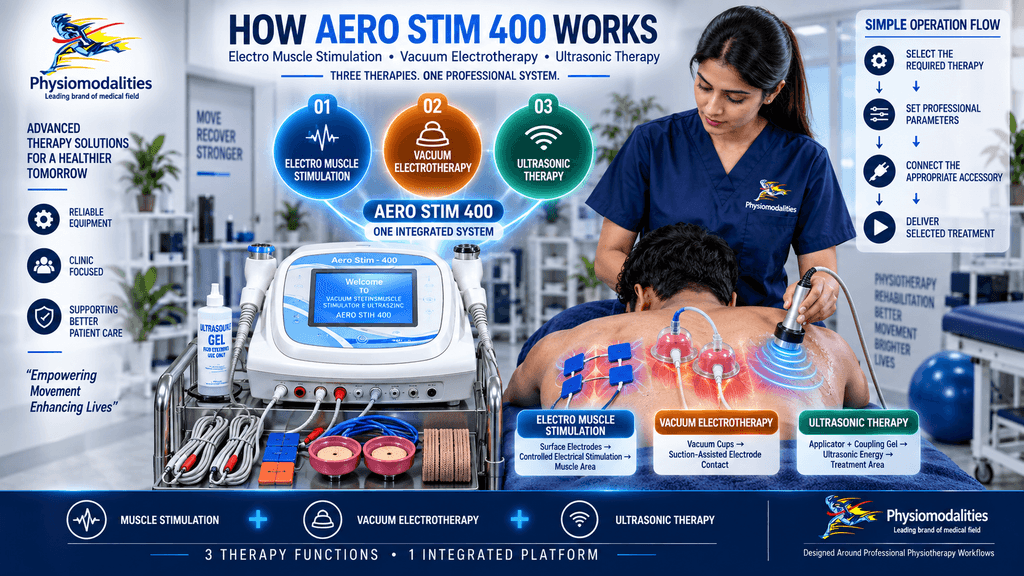 Aero Stim 400 professional physiotherapy machine demonstrating electro muscle stimulation, vacuum electrotherapy, and ultrasonic therapy in one integrated clinical treatment system with applicators, vacuum cups, electrodes, gel, and digital operation.