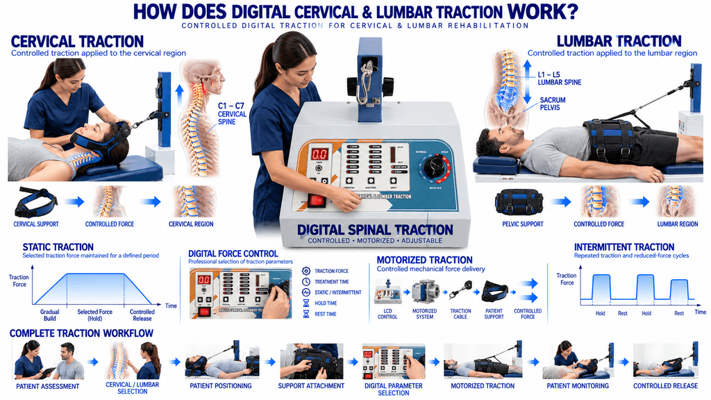 Digital Cervical and Lumbar Traction Physiotherapy Machine showing controlled motorized spinal traction workflow for cervical and lumbar rehabilitation