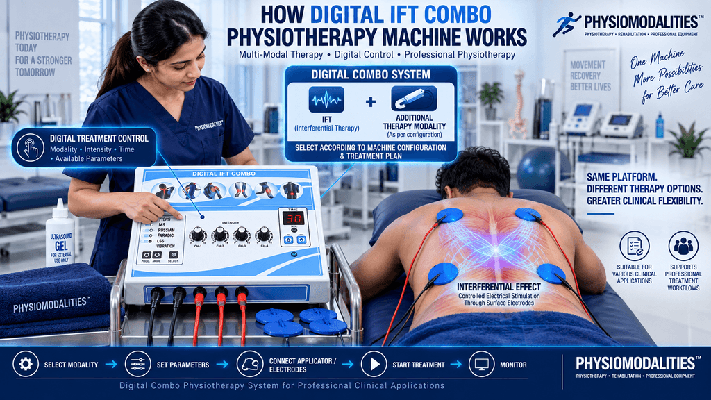 Female physiotherapist operating a Digital IFT Combo physiotherapy machine while treating a patient with four surface electrodes placed on the back. The infographic explains how a digital IFT combo machine works by combining interferential therapy with an additional therapy modality through a digitally controlled treatment system in a professional rehabilitation clinic.