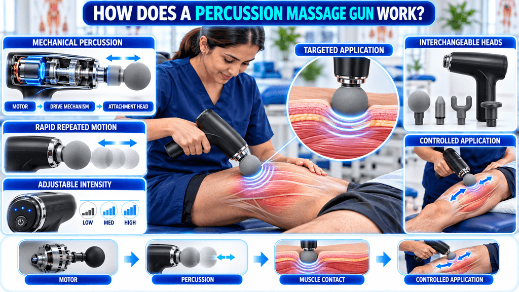 Percussion massage gun demonstrating mechanical percussion, rapid repeated motion, adjustable intensity, interchangeable massage heads, targeted muscle application, and controlled massage movement.