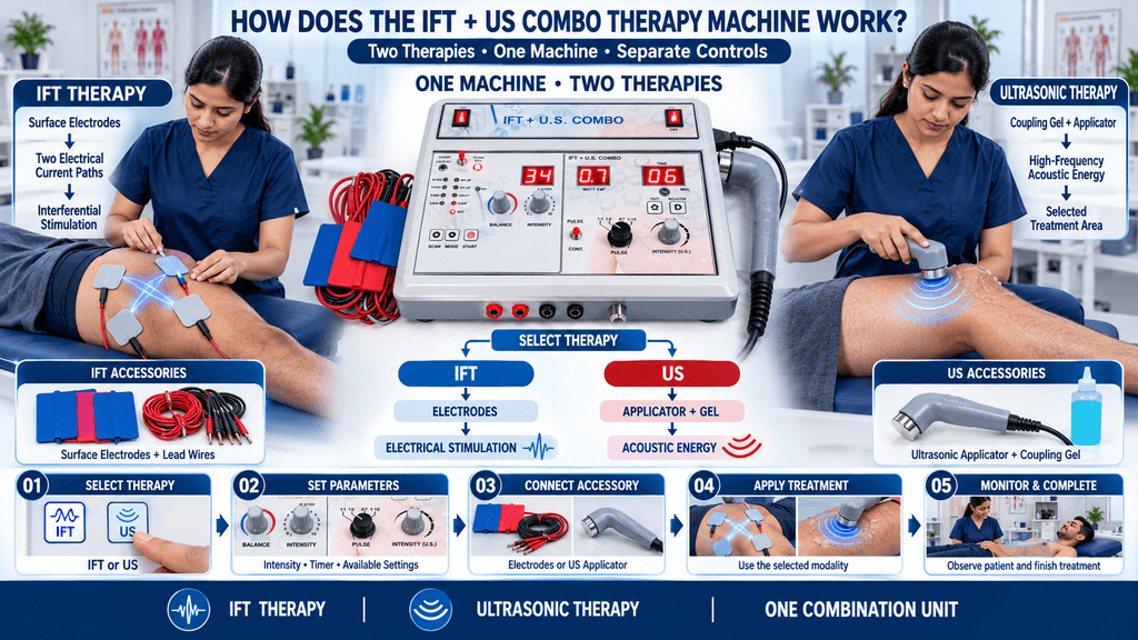 IFT + US Combo Therapy Machine IFT and ultrasound combo therapy machine showing Interferential Therapy with surface electrodes and therapeutic ultrasound treatment with applicator and coupling gel.