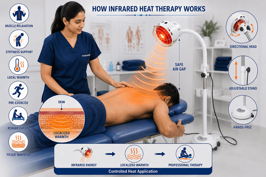 Infrared Heat Therapy Lamp Infrared Therapy Lamp with adjustable stand providing controlled localized heat therapy during professional physiotherapy treatment.