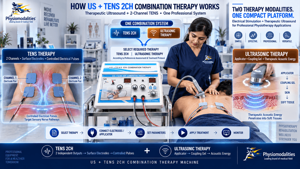 US + TENS 2CH Combination Therapy Machine US + TENS 2CH combination therapy machine showing therapeutic ultrasound and two-channel TENS electrotherapy with surface electrodes and ultrasound applicator for professional physiotherapy.