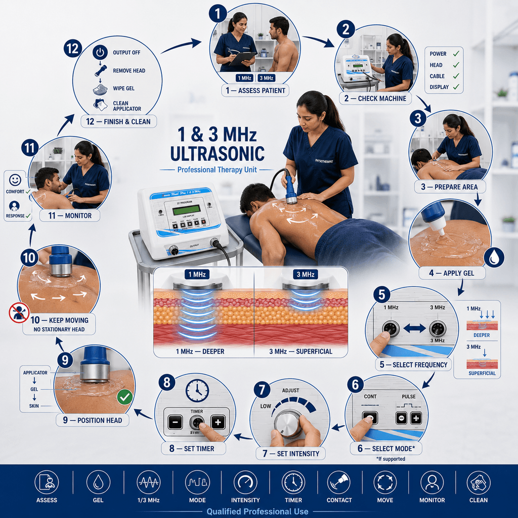 1 & 3 MHz Ultrasonic Therapy Unit 1 & 3 MHz Ultrasonic Therapy Unit showing step-by-step professional treatment procedure, including patient assessment, gel application, frequency selection, intensity, timer, applicator movement and monitoring.