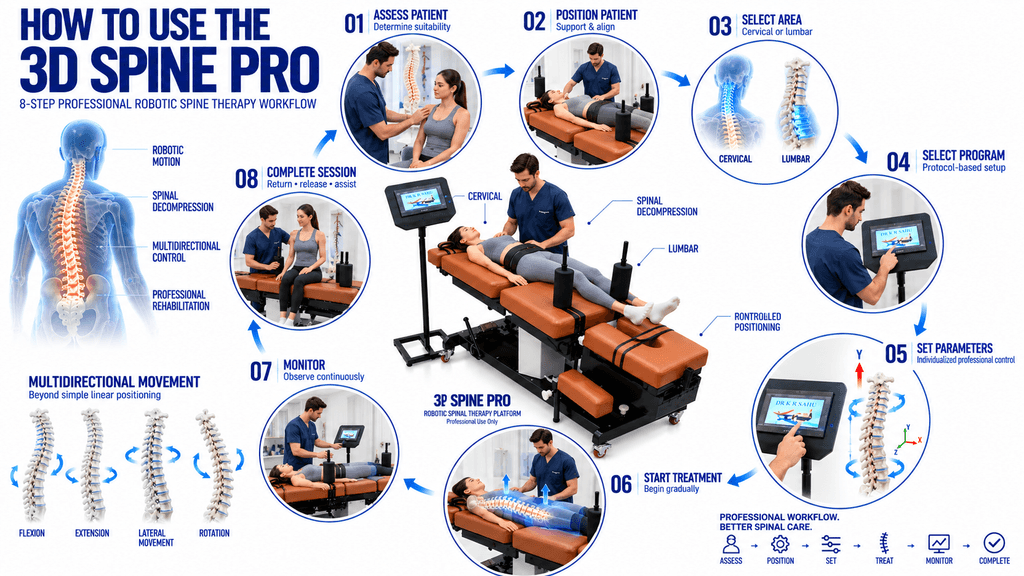 3D Spine Pro Decompression Therapy Machine How to Use 3D Spine Pro Robotic Spinal Decompression Therapy Machine – 8-Step Professional Treatment Workflow