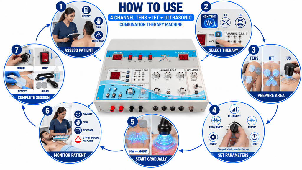 4 Ch TENS + IFT + US Combo Therapy device How to Use 4 Channel TENS with IFT and Ultrasonic Combination Physiotherapy Machine