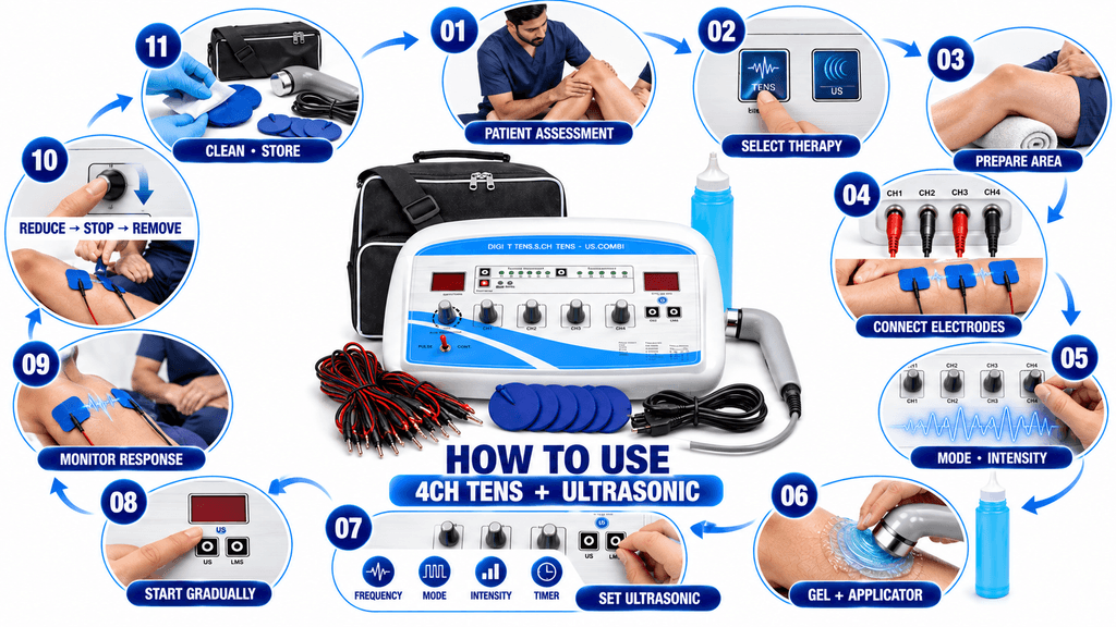 How to Use 4 Channel TENS with Ultrasonic Physiotherapy Machine – Step-by-Step Treatment Guide