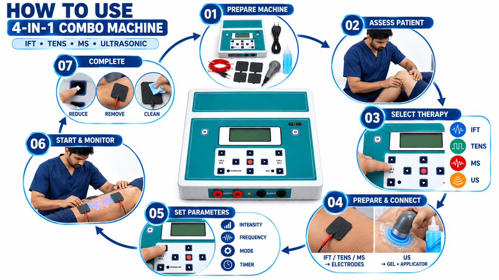 4-in-1 Electrotherapy Combo Machine How to use 4-in-1 electrotherapy combo machine with IFT, TENS, Muscle Stimulation and Ultrasonic Therapy