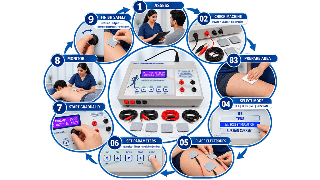 How to use a 4-in-1 electrotherapy machine with IFT, TENS, muscle stimulation and Russian current, showing patient assessment, electrode placement, parameter setup and treatment monitoring.