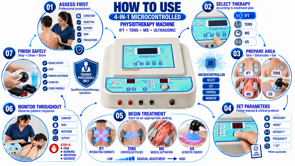 How to Use 4-in-1 Microcontrolled Physiotherapy Machine with IFT, TENS, MS and Ultrasonic Therapy
