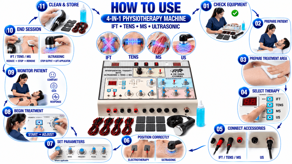 How to Use 4-in-1 Physiotherapy Machine with IFT, TENS, MS and Ultrasonic Therapy