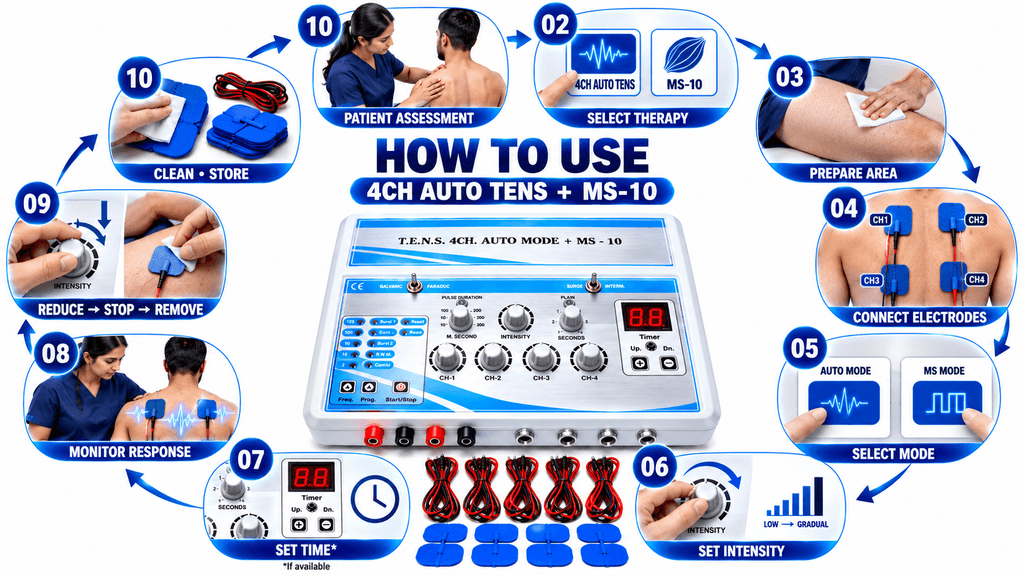 How to Use 4 Channel Auto TENS + MS-10 Physiotherapy Machine – Electrode Placement, Mode Selection and Intensity Setup