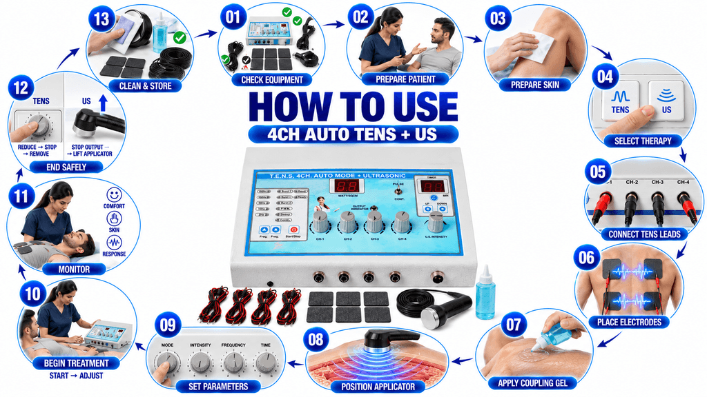 How to Use 4CH Auto TENS and Ultrasonic Therapy Combo Machine Step-by-Step Guide
