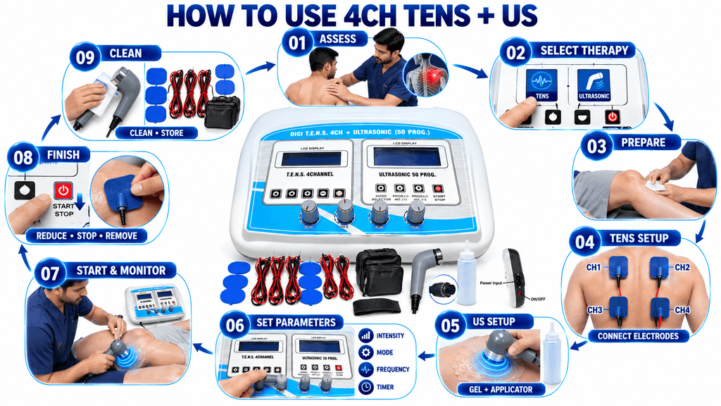 4CH TENS + US Combo Machine How to Use 4CH TENS and Ultrasonic Physiotherapy Machine – TENS Electrode Setup, Ultrasound Applicator and Treatment Controls