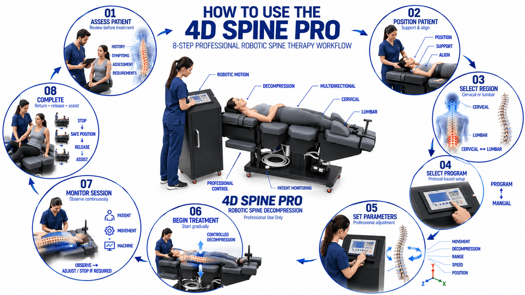 4D Spine Pro Decompression Therapy Machine How to Use 4D Spine Pro Decompression Therapy Machine – 8-Step Robotic Spine Therapy Workflow